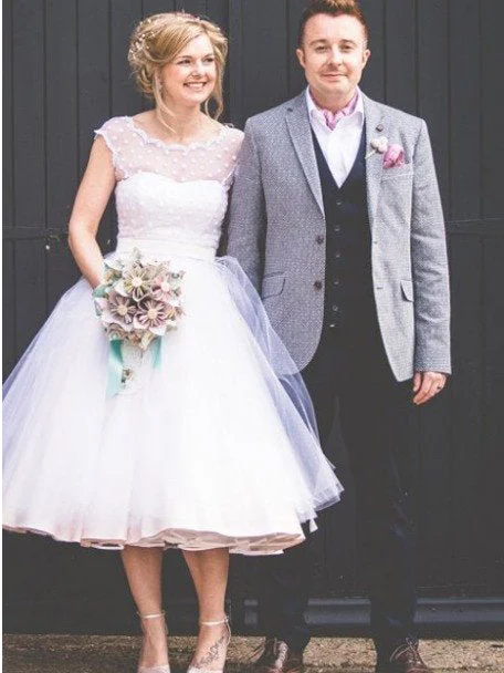 Lowest Prices Short Wedding Dresses A-line Scoop Lace Tea-length Tulle Bridal Gown JKS270
