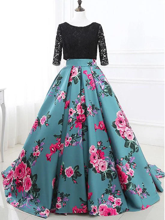 Best Bargains Ball Gown Prom Dresses Half Sleeve Lace Floral Print Open Back Long Prom Dress JKL1144