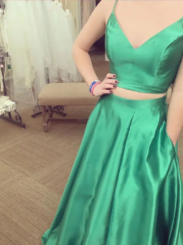 Extra Discounts Two Piece Prom Dresses Spaghetti Straps Hunter Green Aline Long Prom Dress JKL1078