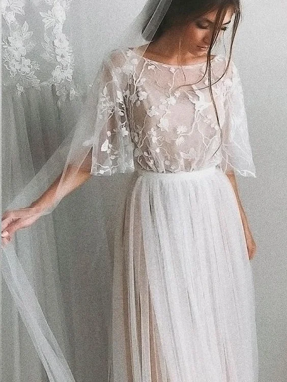 Season Finale Sale Half Sleeve Wedding Dresses A-line Short Train Elegant Simple Romantic Lace Bridal Gown JKW255