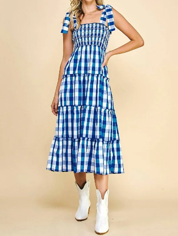 summer floral dressGingham Print Tiered Maxi Dress In Blue