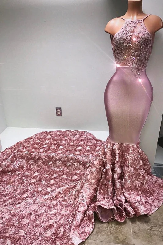 Price Cut Gorgeous Pink Flowers Mermaid Halter Sleeveless Evening Gown