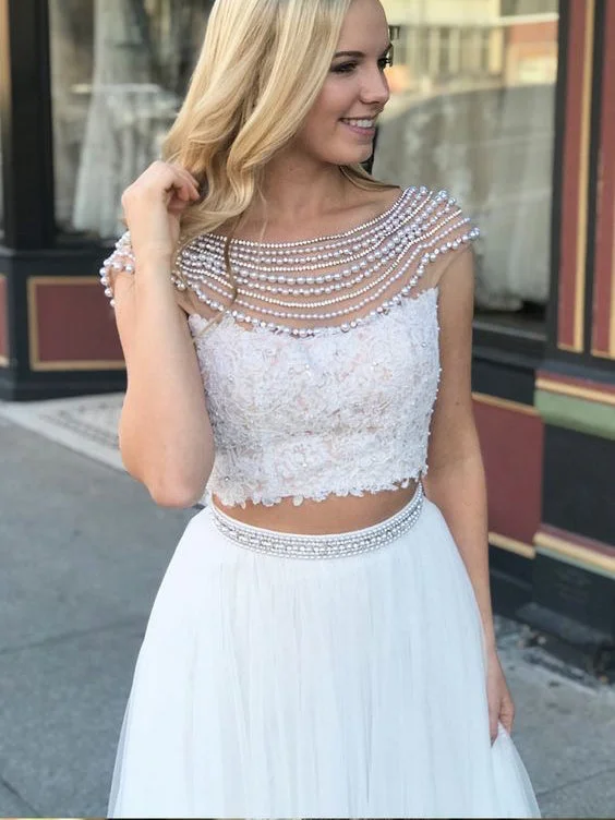 Holiday Sale Two Piece Prom Dresses A-line Long Bateau Open Back Prom Dress Beading Evening Dress JKL1109
