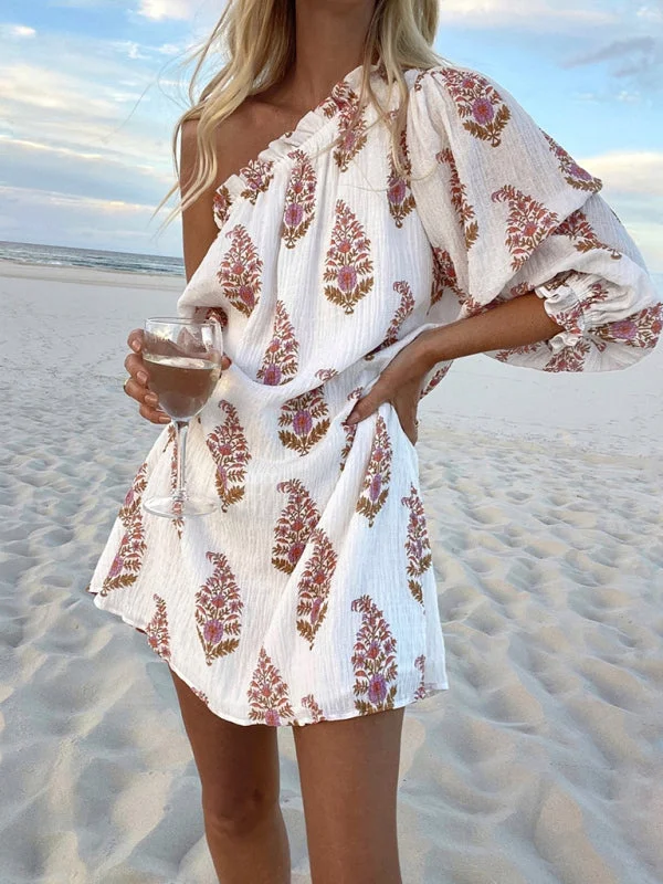 Today’s Special boho dressWomen's new slanted shoulder casual lantern sleeve dress