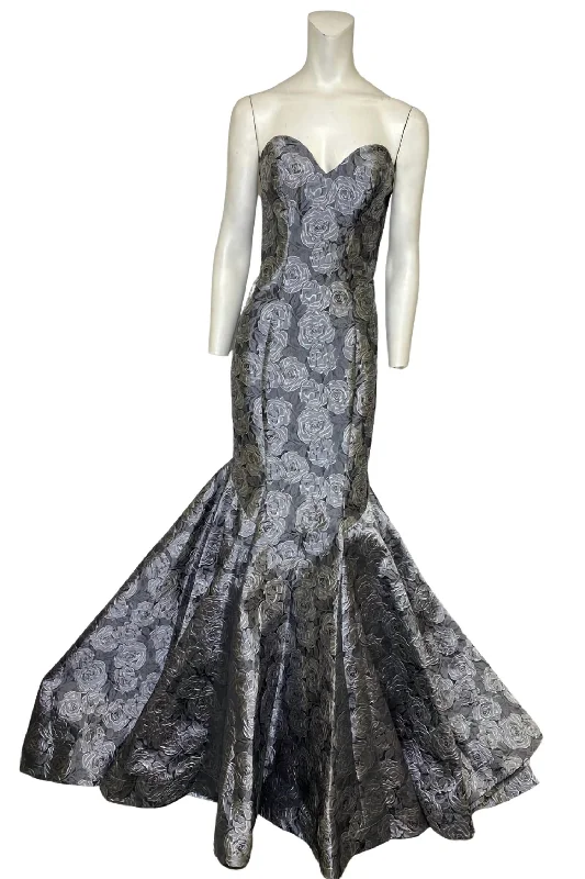 sleek dressJacquard Classic Evening Gown In Grey And Silver Floral