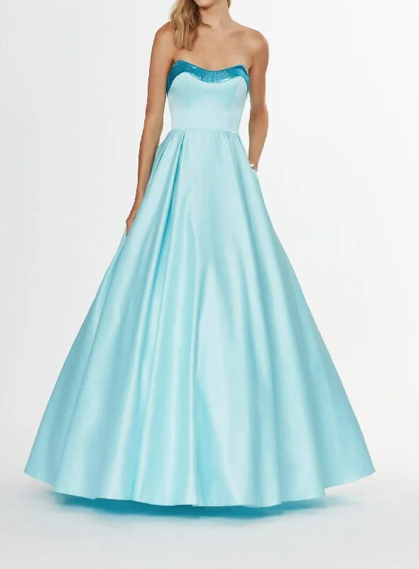 casual shift dressStrapless Satin Ballgown In Bahama Breeze