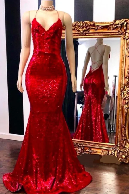 Clearance Event Spaghetti Straps Lace-up Red Sequins V-neck Mermaid Prom Dresses
