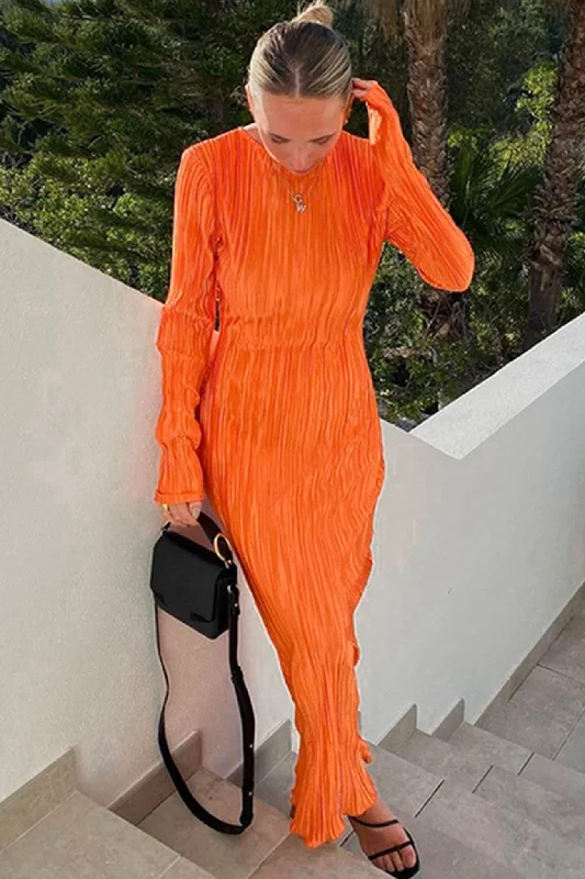 Overstock lace-up dressSolid Color Crew Neck Pleated Maxi Dress