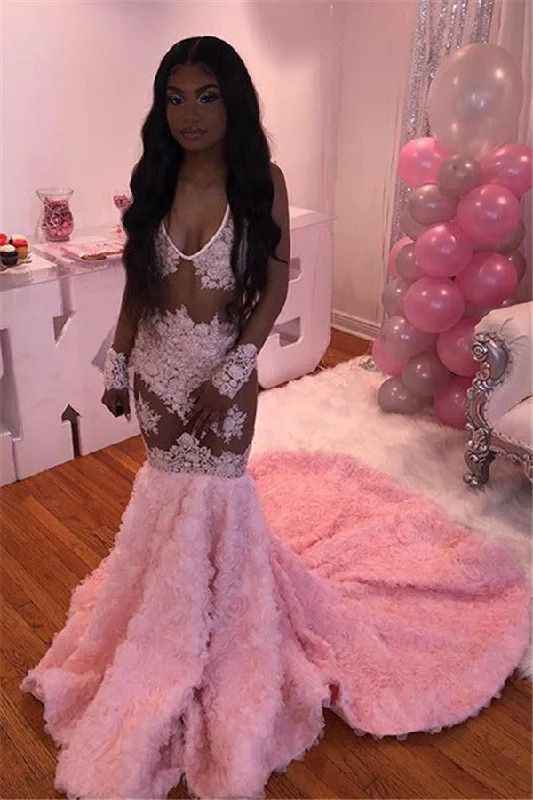 Referral Discount Pink Flowers Chic V-neck Alluring Prom Dresses Sheer Tulle Appliques Fit and Flare Evening Gowns
