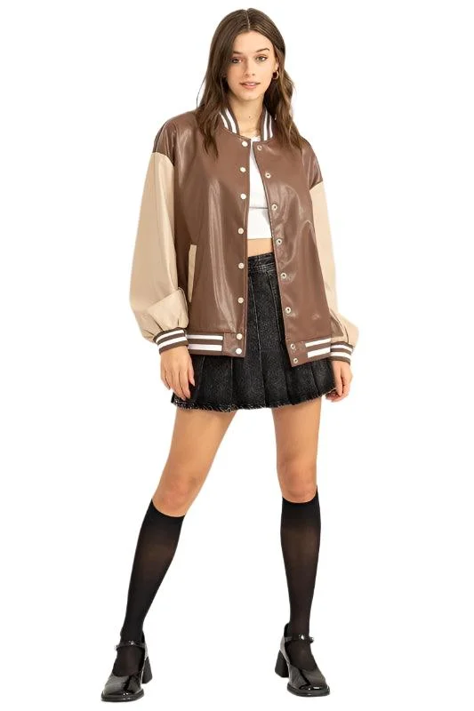 fashionable jacketGame On Pu Colorblock Baseball Jacket