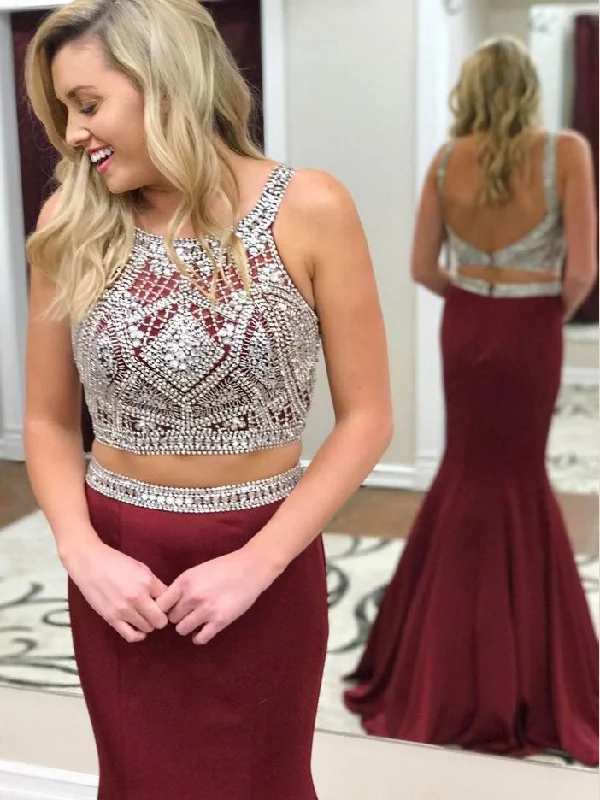 Massive Deals Two Piece Sparkly Prom Dresses Rhinestone Beading Long Sexy Mermaid Prom Dress JKL1067