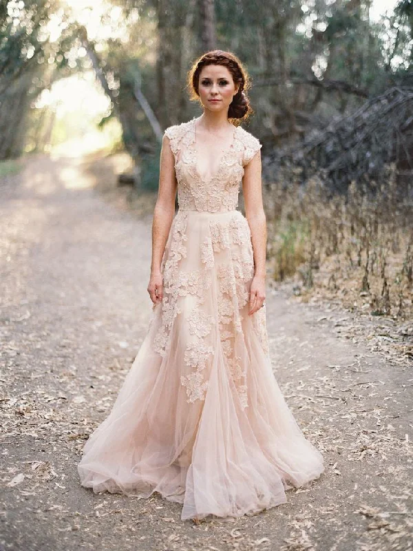 Weekend Special Sexy V-neck Wedding Dresses A-line Appliques Tulle Bridal Gown JKW045
