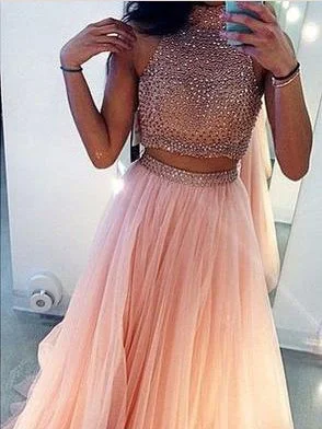 Hurry In Two Piece Prom Dresses A Line High Neck Long Prom Dress Sexy Evening Dress JKL1124