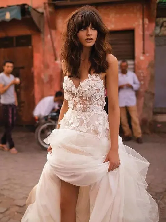 Online Only Cheap Wedding Dresses with Straps A-line Backless Brush Train Tulle Long Bridal Gown JKW178