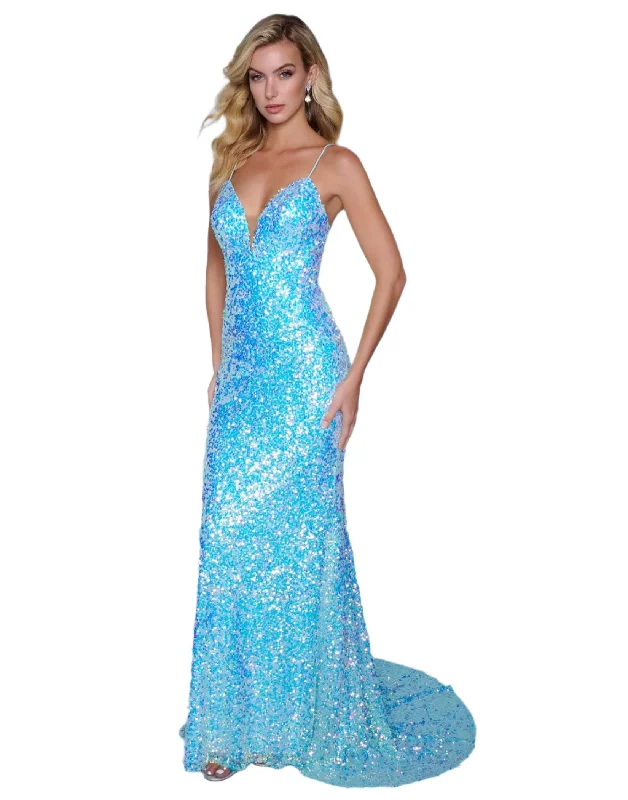 summer dressSplash Prom K639 Size 12 Long Fitted Sequin backless Corset Prom Dress V neck Formal Gown