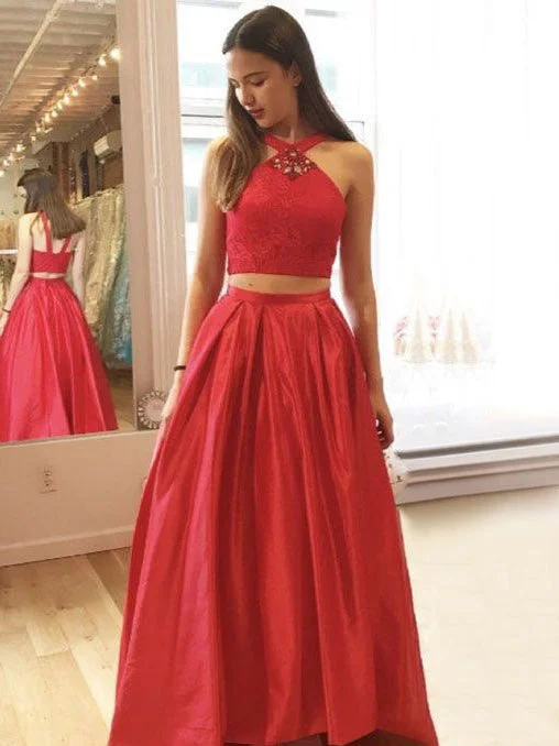 Price Reduction Two Piece Prom Dresses Halter Floor-length Aline Chic Lace Prom Dress JKL986