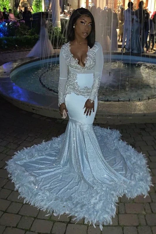 Price Drop Sparkle Mermaid V-neck Luxurious Feather Long Prom Dresses