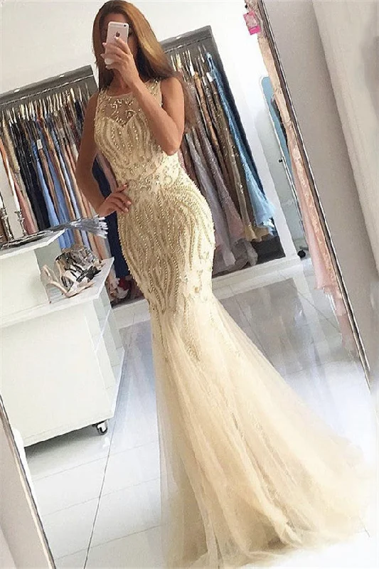 Don't Wait Beaded Crystals Mermaid Tulle Chic Evening Gown Champagne Affordable Prom Party Gowns