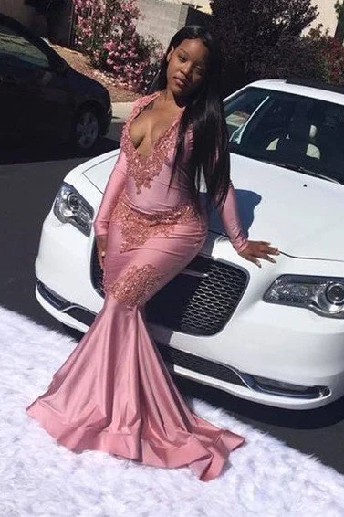 Discount Mania Pink Mermaid Long Sleevess V-neck Floor Length Prom Dresses