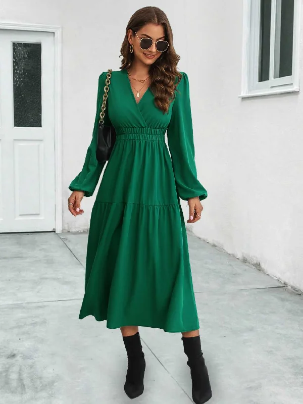 casual knit dressSurplice Neck Long Sleeve Midi Dress