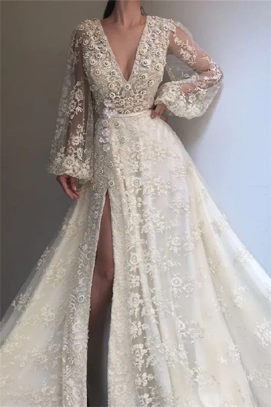 Stock Up and Save Exquisite Tulle Lace Beading Long Sleevess Prom Party Gowns| Chic V-neck Beading Slit Prom Party Gowns