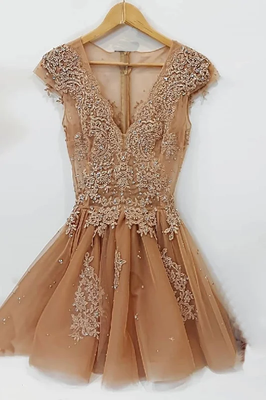 Hurry In Champagne v neck lace tulle short prom dress, lace tulle homecoming dress JKF017
