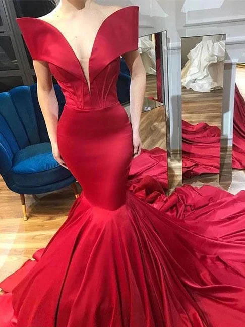 Deal of the Week Mermaid Prom Dresses off-the-shoulder Sweep Train Chic Red Prom Dress JKL994