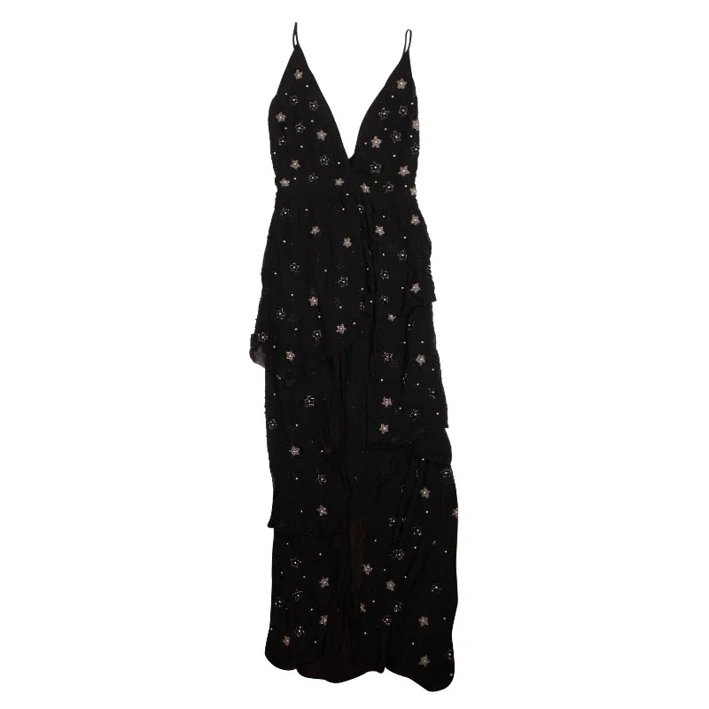 Amazing Deals silk dressBlack Asymmetrical Deep V Bead Silk Long Dress