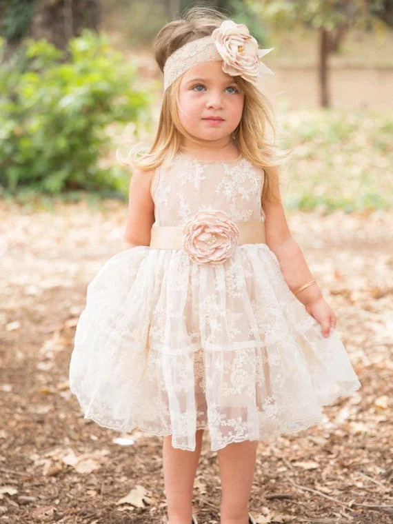 Limited Availability Flower Girl Dresses Knee-length Hand-Made Flower Scoop Tulle JKF021