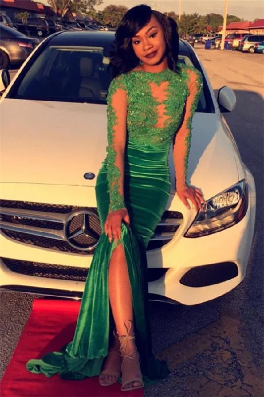 TIME-Limited Offer Gorgeous Green Long-Sleeve Lace Appliques Split Mermaid Prom Party Gowns