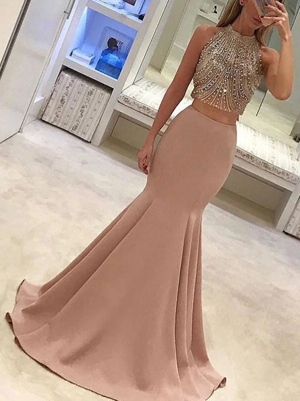 Price Reduction Two Piece Prom Dresses High Neck Long Beading Mermaid Sparkly Prom Dress JKL1064