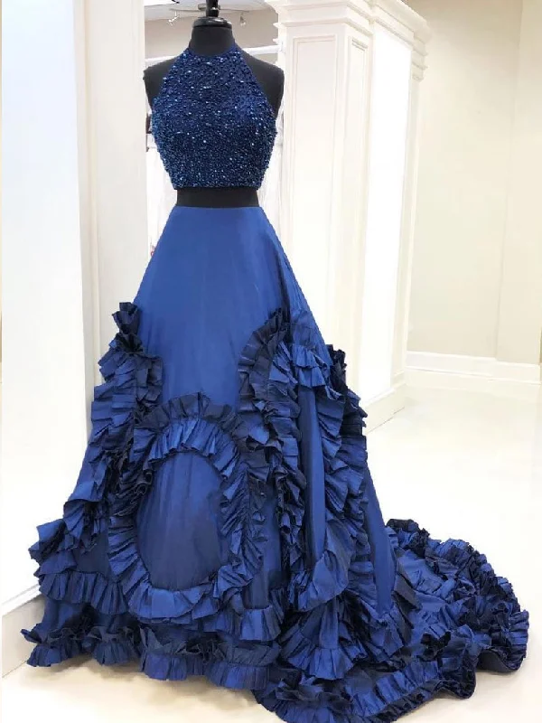 Massive Deals Two Piece Prom Dresses Halter Sparkly Beading Ruffles Long Ball Gown Prom Dress JKL1217 Massive Deals Two Piece Prom Dresses Halter Sparkly Beading Ruffles Long Ball Gown Prom Dress JKL1217