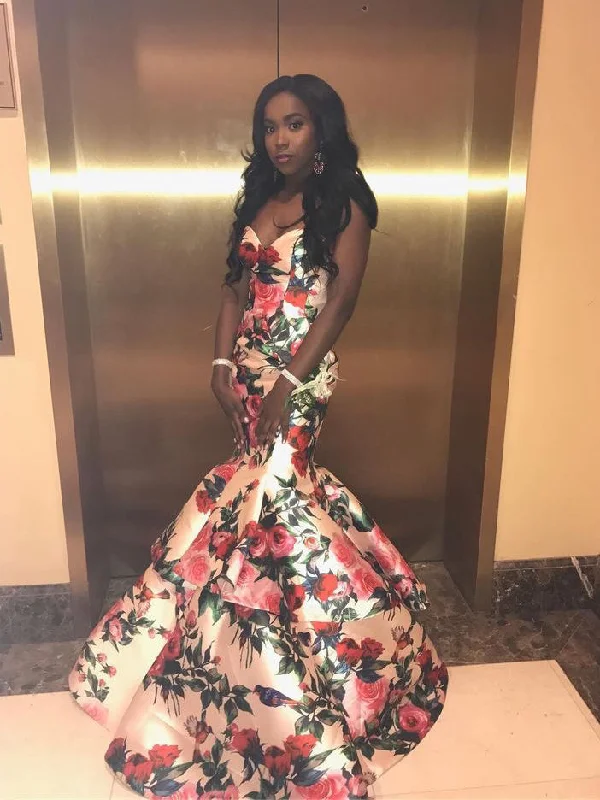 Hot Deal Mermaid Prom Dresses Sweetheart Rose Floral Print Chic Prom Dress JKL1014