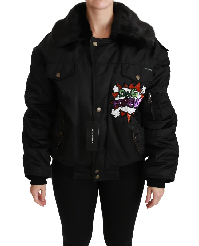 Lowest Prices trendy puffer coatDolce & Gabbana  Women's Black DG Forever Bomber Jacket with Fur Collar