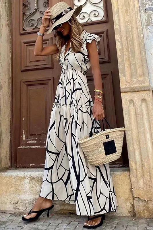 Grand Opening Sale t-shirt dressGeometric Print V Neck Ruffle Maxi Dress