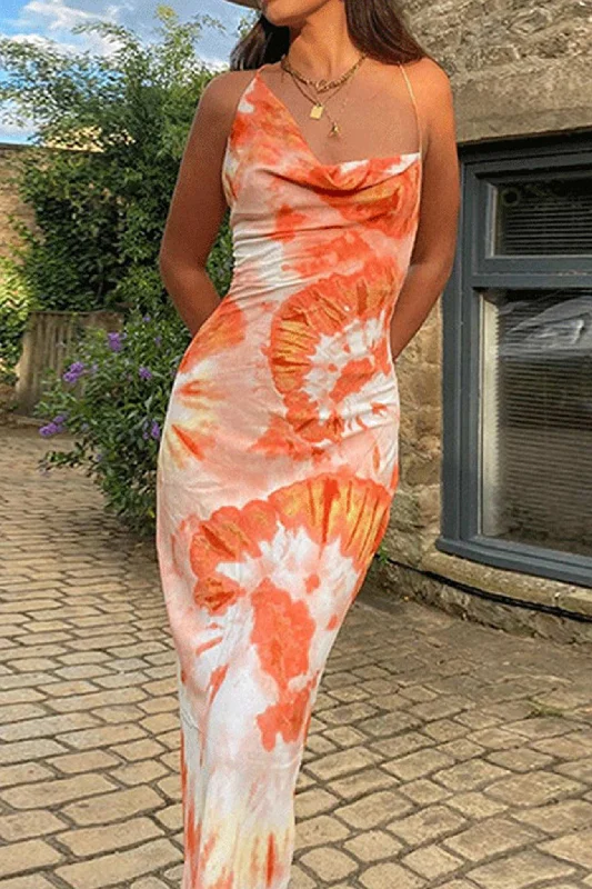 Best Seller ruffle dressTie-dyed Cowl Neck Crisscross Tie-back Cami Dress