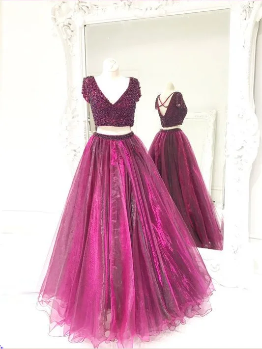 Super Sale Two Piece Prom Dresses A Line V-neck Beading Fuchsia Long Sparkly Prom Dress JKL1148