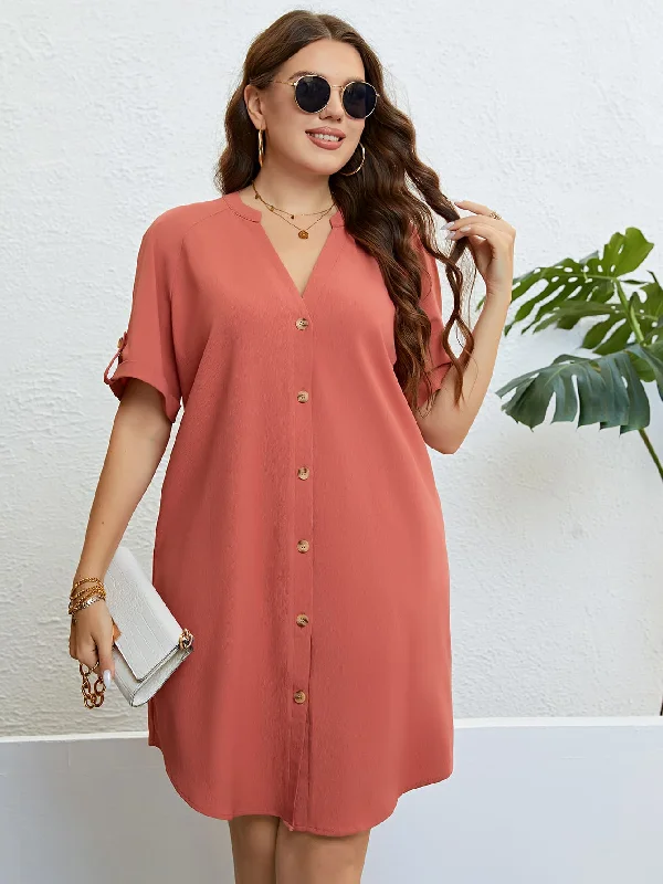 fitted cocktail dressPlus Size Buttoned Notched Neck Shift Dress