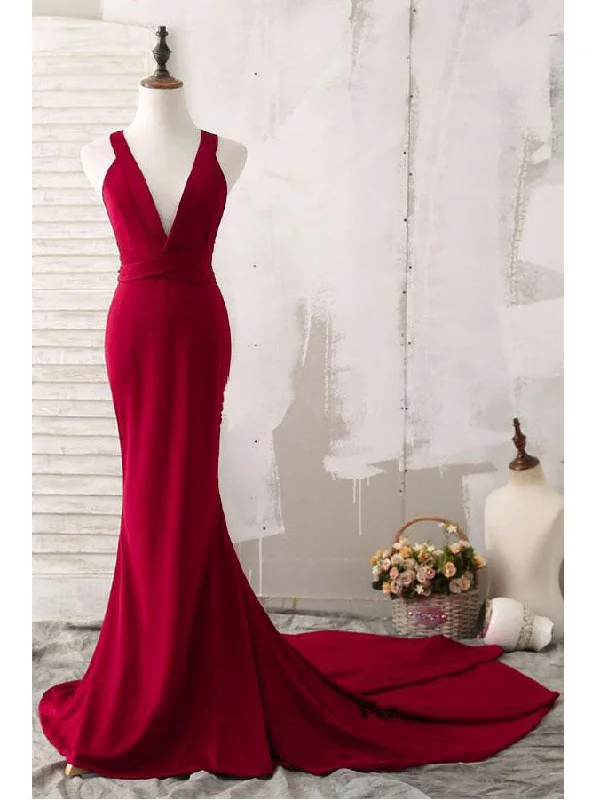 Value Deals Burgundy Prom Dresses Trumpet/Mermaid V-neck Sexy Prom Dress Long Evening Dress JKL831