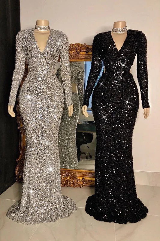Online Exclusive Glittering Crystal Sequins Long Sleevess V-neck Mermaid Prom Dresses