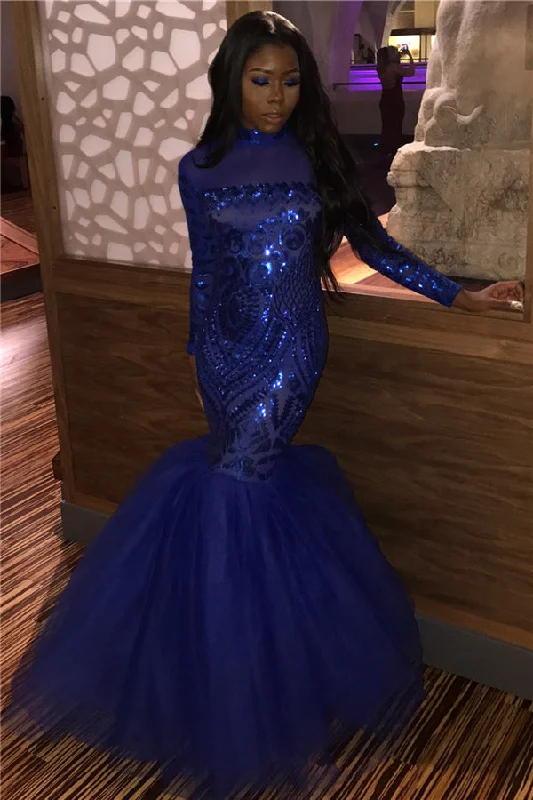 Midnight Madness Floor Length Long Sleevess Sequins Tulle Mermaid Evening Dresses