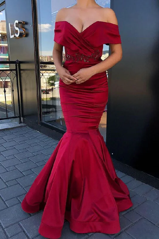 Big Discounts Gorgeous Off-the-shoulder Burgundy Jewel Mermaid Prom Party Gowns