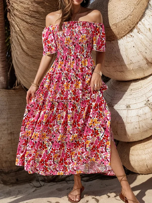 wool dressSlit Floral Off-Shoulder Short Sleeve Dress