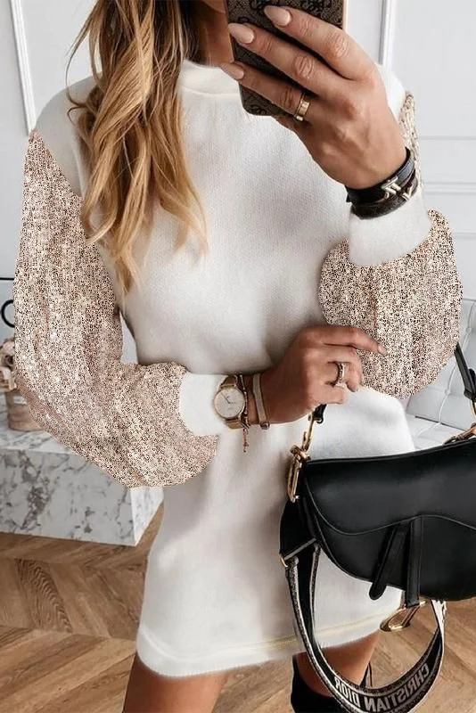 Discount Deals high-waisted dressWhite Sequin Puff Sleeve Shift Mini Long Sleeve Sweater Dress