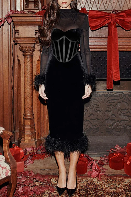 Overstock trendy mini dressMesh Velvet Patchwork Fuzzy Hem Slit Dress
