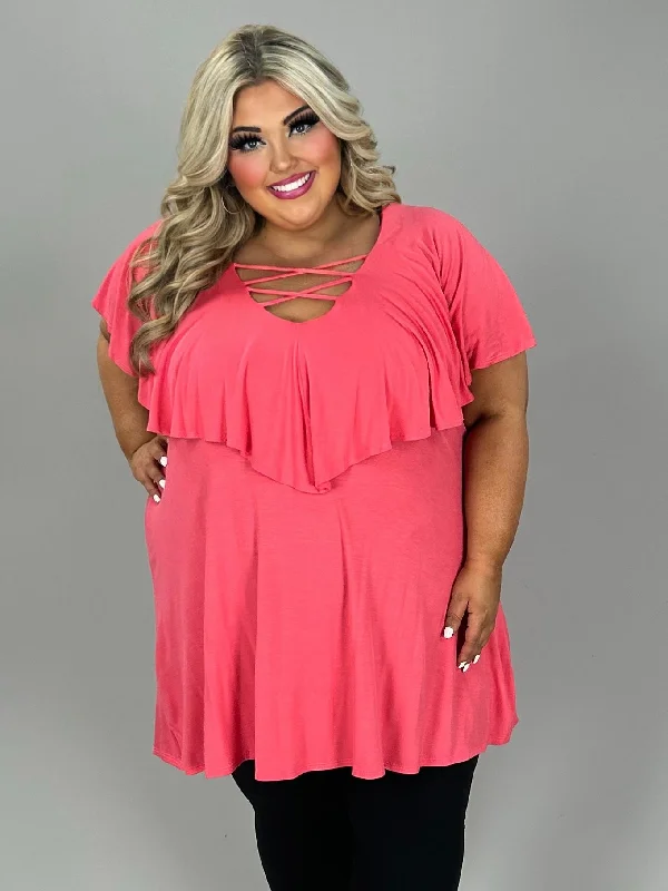 denim dress50 SSS {Treasured Jewel} Coral Criss-Cross Ruffle Tunic EXTENDED PLUS SIZE 4X 5X 6X