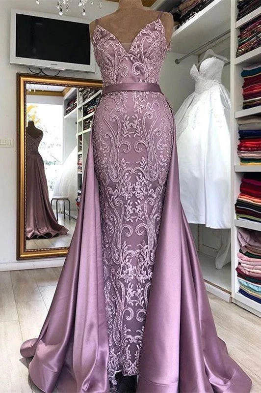 Extra Savings Spaghetti Strap Lilac Sleeveless Evening Dress with Overskirt Chic V-back Prom Party Gowns with gorgeous Lace appliques Extra Savings Spaghetti Strap Lilac Sleeveless Evening Dress with Overskirt Chic V-back Prom Party Gowns with gorgeous Lace appliques
