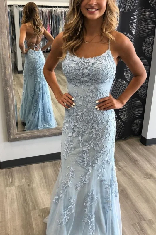 Clearance Sale Elegant Sky Blue Spaghetti Strap Lace Applique Simple Long Prom Party Gowns Clearance Sale Elegant Sky Blue Spaghetti Strap Lace Applique Simple Long Prom Party Gowns