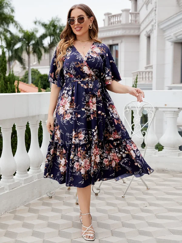 elegant maxi dressPlus Size Floral Surplice Neck Midi Dress