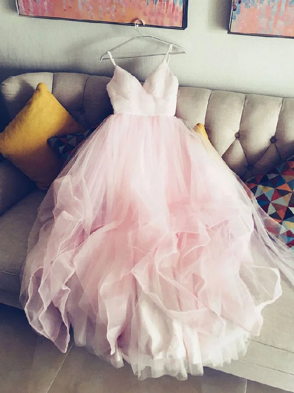 Best Seller Beautiful Wedding Dresses Beautiful Pink Spaghetti Straps Ruffles Tulle JKW006